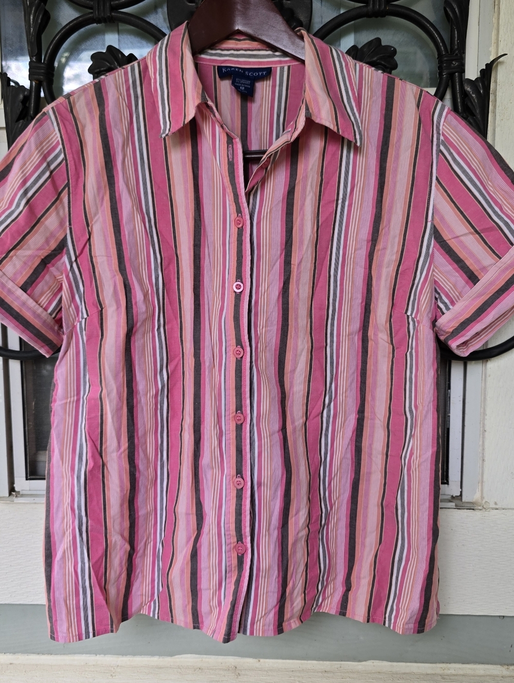 Karen Scott Women's Pink Striped Short Sleeve Buttoned Y2K Summer Casual Top - L